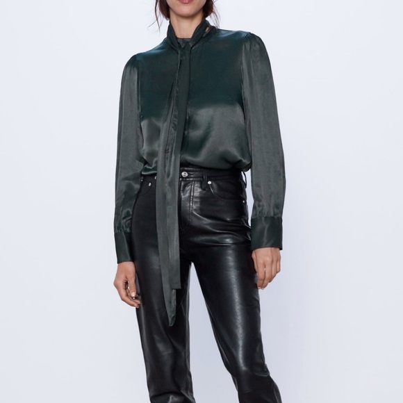ZARA - BNWT Green Satin Long Sleeve Button Up Blouse with Tie - Picture 2 of 6